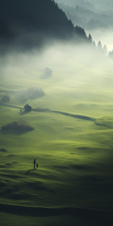 a person stands over a grassy field, reminiscent of marcin sobas' traditional landscapes. the photo captures the cold and detached atmosphere seen in andreas levers' work. the rural china setting is depicted with a mix of light black and green tones, offering a glimpse into the simplicity of rural life. ai generatedの素材