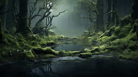 a strange, green lake surrounded by moss-covered trees creates a dark fantasy atmosphere in this highly detailed matte painting by john wilhelm. the mysterious jungle-like setting merges traditional british landscapes with naturalistic depth, evoking a sense of intrigue and wonder. ai generatedの素材