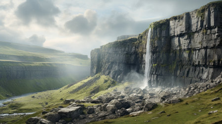 a stunning matte painting-style photograph captures a picturesque waterfall nestled amidst lush green grass and rocks. reminiscent of national geographic's delicately rendered landscapes, this image evokes the artistic style of frostpunk and the realistic depiction of light found in the works of even mehl amundsen. the hazy landscapes add an ethereal touch to this mesmerizing scene. ai generatedの素材