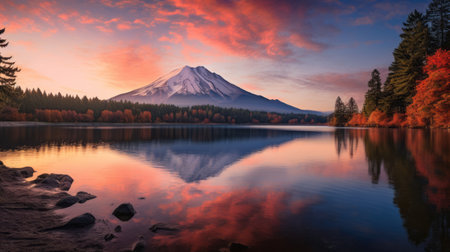 a serene lake surrounded by vibrant autumn-colored pine trees reflects the beauty of nature during the fall season. the tranquil scene captures the calm water's surface, showcasing a volcano illuminated by soft, warm light during golden hour. ai generatedの素材