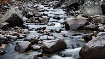 a stream flows through the rocks, showcasing the captivating beauty of nature. this photo, processed in the style of darktable, exhibits a smooth and shiny appearance with a combination of light gray and dark bronze tones. captured using a long lens, the high-contrast shading adds depth to the image. the scene evokes a sense of tranquility, reminiscent of himalayan art. ai generatedの素材
