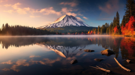 a serene lake surrounded by vibrant autumn-colored pine trees reflects the beauty of nature during the fall season. the tranquil scene captures the calm water's surface, showcasing a volcano illuminated by soft, warm light during golden hour. ai generatedの素材