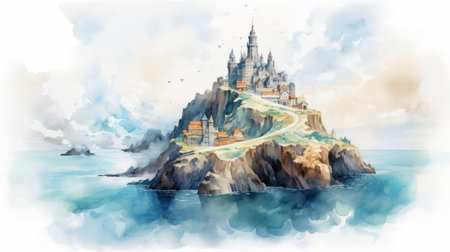 a watercolor portrait of a magical castle in the sea, surrounded by seagulls, showcases the enchanting beauty of northern china's terrain. this 2d game art piece features realistic and hyper-detailed renderings, capturing the imposing monumentality of the castle. the detailed character design by elba damast adds depth to the scene, while the inclusion of realistic cityscapes enhances the overall atmosphere. ai generatedの素材