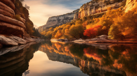 a serene lake in a canyon, surrounded by vibrant mahogany trees in full autumn splendor, reflects their colors on the calm water's surface. this tranquil scene captures the beauty of nature during the fall season, with soft, warm light illuminating the canyon during golden hour. ai generatedの素材