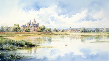 a watercolor illustration capturing the beauty of a river flowing near a town, reminiscent of the dutch and flemish style. the dreamlike architecture and plein air landscapes create a sense of gothic grandeur. this uhd image showcases the expansive landscapes, with reflections and mirroring adding to its enchanting allure. ai generatedの素材
