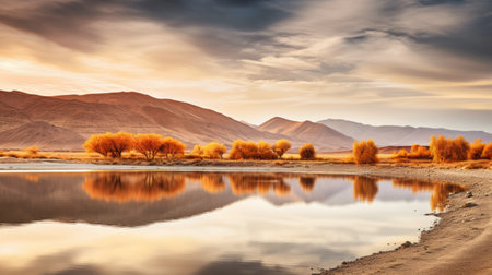 a serene lake in the desert, surrounded by vibrant autumn colors of ash trees, reflects their beauty on the calm water's surface. this tranquil scene captures the serenity and natural beauty of the fall season. shot during golden hour, the soft, warm light illuminates the desert, enhancing its enchanting atmosphere. ai generatedの素材