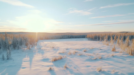 aerial view captured by a drone camera showcasing the serene winter landscape. the image is enhanced with an anamorphic lens flare, inspired by the artistic style of tyko sallinen. the color palette consists of light sky-blue and beige, creating a peaceful and pastoral scene. the zeiss milvus 25mm f14 lens adds a touch of wilderness to the composition, while light pink and orange tones addの素材