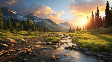 the photo captures a breathtaking dusk scene, reminiscent of epic landscapes. with its realistic hyper-detailed rendering and vibrant colors in nature, the image showcases the whistlerian style. utilizing physically based rendering and photo-realistic techniques, this associated press photo truly immerses viewers in the beauty of the moment. ai generatedの素材
