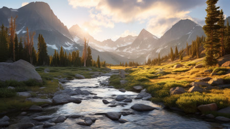 sun setting over country mountains in cryengine style. michael shainblum's hyper-realistic water and donald pass's sublime wilderness capture the essence of nature. serene solitude and breathtaking views of the mountains create a truly immersive experience. ai generatedの素材