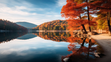 a serene lake surrounded by beech trees in full autumn splendor, reflecting vibrant colors on the calm water's surface. this tranquil scene evokes a sense of serenity and appreciation for the beauty of nature during the fall season. shot during golden hour, the image showcases the soft, warm light illuminating the coastline. ai generatedの素材