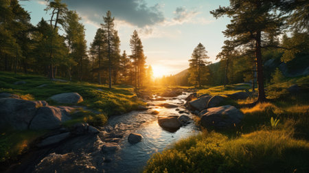 a river gracefully meanders through lush grass and vibrant plants in a serene forest setting. this terragen-style photograph captures the golden light and tranquil ambiance of pastoral scenes. the romantic and dramatic landscapes evoke a sense of peace and awe, making it a perfect example of nature-inspired landscape photography. ai generatedの素材