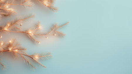 an old holiday tree branch adorned with soft and dreamy pastel lighting sits on a blue flat surface. the simplistic design showcases light turquoise and light gold hues, creating a minimalist staging. fine feather details add a touch of elegance, while neon lights give it a modern xmaspunk twist. ai generatedの素材