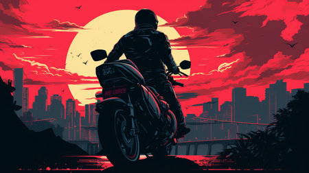 a silhouette of a motorcycle rider in a bike rider outfit, inspired by butcher billy's cyberpunk realism style. the artwork by ismail inceoglu showcases a realistic scenery in ultra hd, reminiscent of the works by jonas de ro. the design also incorporates elements of chicano-inspired aesthetics. ai generatedの素材