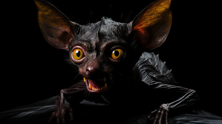 the bat, a surrealistic manticore with long brown hair and strong claws, captivates with its huge yellow eyes. set against a black background, this humorous tableau combines elements of junglepunk and saturated pigments, creating a visually striking and sculpted image. ai generatedの素材