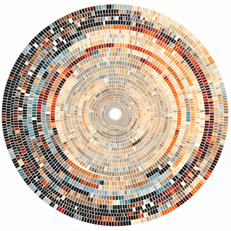 a photo of a music color map created by rj mrk mrk sandra lin, available on wiki commons. the artwork showcases circular abstraction with a combination of dark white and light orange hues. it features mixed media mosaics with muted and minimalist compositions, incorporating woodcut-inspired graphics. the color palette includes light indigo and brown, resulting in a visually captivating data visualization. ai generatedの素材