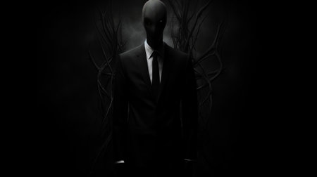 an evil character stands in a dark background, reminiscent of the slender style. the hd mod enhances the subtle sophistication of the image, showcasing ritualistic masks. the handsome figure is portrayed with realistic hyper-detail, creating a captivating web-based art piece. ai generatedの素材