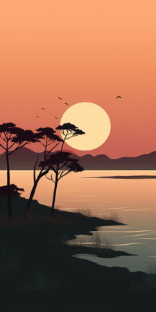the photo captures a breathtaking sunset scene with trees and water, reminiscent of romantic illustrations. the isolated landscapes and lively coastal views create a bold and graphic illustration. the romantic moonlit seascape, viewed from a birds-eye perspective, is bathed in a warm orange and black color palette. ai generatedの素材