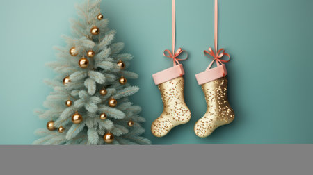 two gold christmas stockings hang elegantly near a beautifully decorated christmas tree. the stockings, designed in a light teal and light pink color scheme, create a visually stunning and hyperrealistic scene. the tactile surfaces of the stockings add a unique touch, while the sabattier effect enhances their allure. against a matte background, these stockings showcase the artful use of common materials, making them a captivatingの素材
