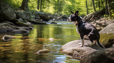 a pet photography image captured by sarah j ainsworth showcases the beauty of the outdoors. inspired by the hudson river school style, this photo combines vray tracing and the zeiss planar t 80mm f2.8 lens to create stunning visuals. the use of poolcore and fujifilm gw690iii enhances the naturalist feel, while polished surfaces add a touch of elegance. ai generatedの素材
