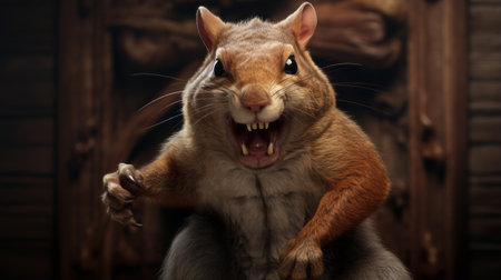 wild squirrel with mouth open, showcasing aggressive expression in a digitally illustrated artwork. created using unreal engine and zbrush, this full-body, hyper-detailed, curvilinear piece captures the squirrel's realistic essence. a photo-realistic still life that brings the intensity of the moment to life. ai generatedの素材