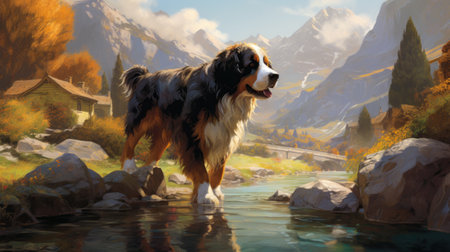 a dog is depicted in this artwork, showcasing a fantastic landscape with a realistic and detailed rendering. the painting follows the swiss style, featuring dynamic brushstrokes and intricate environments. the hyper-realistic water is portrayed in shades of indigo and amber, adding depth to the overall composition. ai generatedの素材