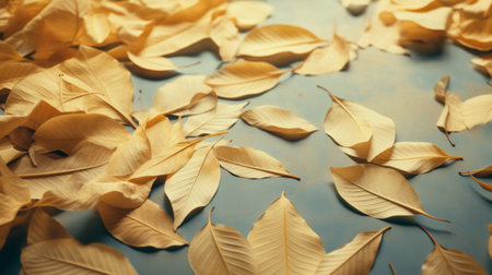 golden leaves are delicately scattered on a serene blue surface, evoking the soft and romantic landscapes of traditional american tonalism. the light yellow and beige hues create a soothing atmosphere, while selective focus draws attention to the eco-friendly craftsmanship. this kitchen still life captures the beauty of nature and showcases the artistry behind it. ai generatedの素材
