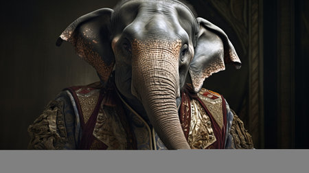 an elephant, in the style of hyperrealistic fantasy, holds a large piece of cloth with its tail pointing towards a man behind it. the exquisite clothing detail, rendered in unreal engine, adds to the overall appeal of this detailed portrait. shot on 70mm, the image showcases ornate detailing and the distinctive noses of both the elephant and the man. ai generatedの素材