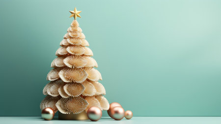 a paper cut christmas tree is showcased on a vibrant blue background, featuring a hyperrealistic rendering in light aquamarine and beige tones. the tree is adorned with delicate book art installations in light pink and light gold hues, creating a beautiful contrast against the green and beige elements. this stunning artwork is rendered with precision and elegance in cinema4d, embodying a captivating sense of delicateの素材