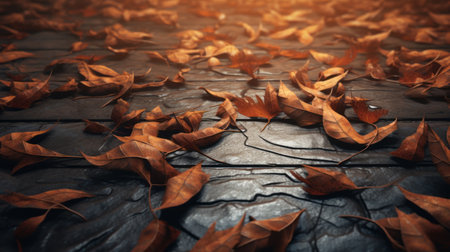 a large number of leaves spread across the sidewalk, creating a vibrant display on an old wooden surface. this artwork, created in the style of zbrush, showcases layered and atmospheric landscapes. the leaves are depicted in shades of dark orange and light gold, with a cracked texture. the soft-focus technique adds depth to the organic sculpting, resulting in a captivating visual. ai generatedの素材