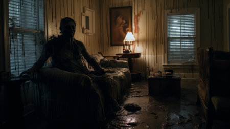 a person sits on a couch in a room, creating a horror-inspired atmosphere. the wet-on-wet blending technique adds an eerie touch to the scene, while the filthy sculptures enhance the unsettling ambiance. the composition is reminiscent of roger deakins' cinematography, with a southern gothic-inspired aesthetic. captured with the sony fe 12-24mm f/2.8 gm lens, the image showcases the power of unreal engine 5. ai generatedの素材