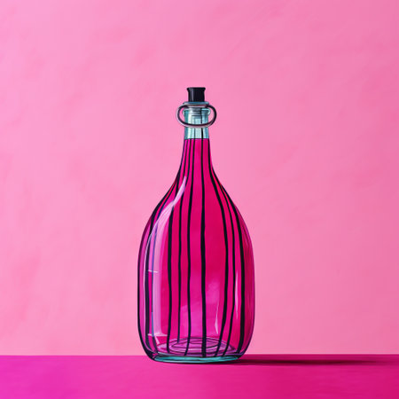 the photo features an abstract bottle artwork by edward mukherjee, inspired by the style of elke vogelsang. with bold lines and vivid colors, the pink and black composition resembles classic still life arrangements. the romantic illustrations are characterized by bold, cartoonish lines, reminiscent of the works of mandy disher. the use of glass as a material adds an intriguing element to the overall aesthetic. aiの素材