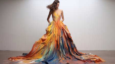 an elegant woman stands gracefully in a vibrant gown showcasing a mesmerizing blend of orange, purple, and blue hues. the gown's design is reminiscent of the poured paint technique, adding a touch of conceptual installation art to the overall aesthetic. created by the talented artist serge marshennikov, this colorful palette and golden palette evoke a sense of artistic brilliance. the gown's sculpted silhouette further enhancesの素材