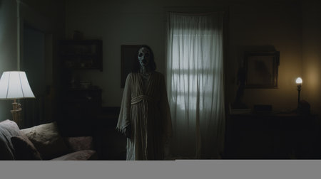 a person dressed in white stands in a dimly lit room, capturing the essence of midwest gothic and suburban ennui. this national geographic photo showcases a hauntingly beautiful scene, with a hazy atmosphere and a touch of lasar segall's artistic style. the image evokes a sense of skeletal beauty and mystery. ai generatedの素材