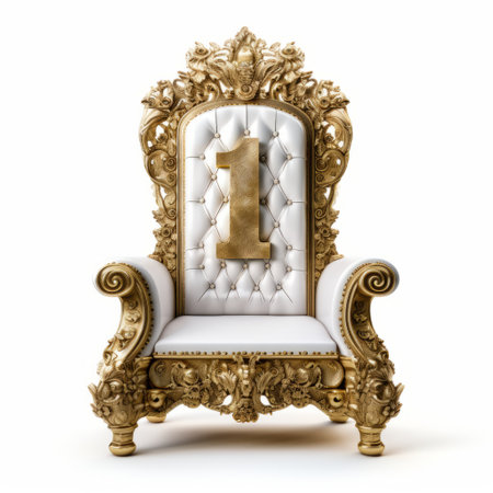an ornate gold throne with a number one in the middle stands against a white background. influenced by precisionism, this innovative piece showcases realistic details. captured with an iso of 200, this photo is available under the creative commons attribution license. perfect for those embracing the princesscore aesthetic. ai generatedの素材