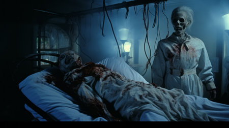 a ghostly couple peacefully rests in a bed, their faces covered with medical imaging film. this cinematic still, created using unreal engine, showcases the unique zombiecore aesthetic. the image is rendered in dark silver and aquamarine tones, giving it an eerie and haunting vibe. the intricate details of the couple's forms, made entirely of vines, add an intriguing touch to this 32k uhd composition. aiの素材