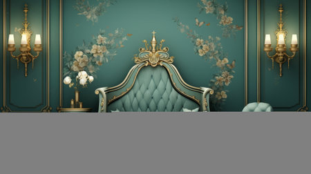 a decorative antique interior featuring dark aquamarine and gold tones is showcased in this photo. the whimsical floral scenes and hyperrealistic rendering add a touch of elegance to the space. the rococo portraitures and light green accents create a charming atmosphere. with elements of oriental minimalism and flower and nature motifs, this interior is perfect for living rooms, bedrooms, restaurants, hotels, salons, offices, and privateの素材