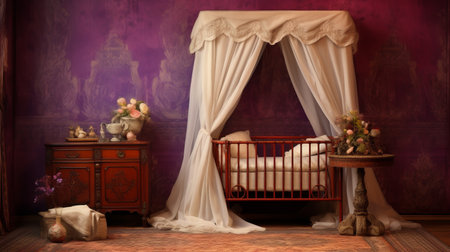 a 3d interior design image of a baby room for a little girl, capturing the essence of renaissance chiaroscuro. the photo showcases vignetting, with a color palette of light maroon and violet, evoking a sense of naturalistic nostalgia. elaborate drapery adds a touch of elegance to the room. this stunning image was captured with a nikon d750 camera, adding a timeless quality to the composition.の素材