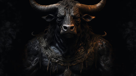 a hyperrealistic animal portrait wallpaper in the style of zbrush, featuring dark black and bronze tones. this captivating wallpaper showcases indian scenes with a touch of witchcraft, highlighting heroic masculinity and strong contrast. the metal compositions add an edgy and captivating element to this stunning background wallpaper in high definition. ai generatedの素材