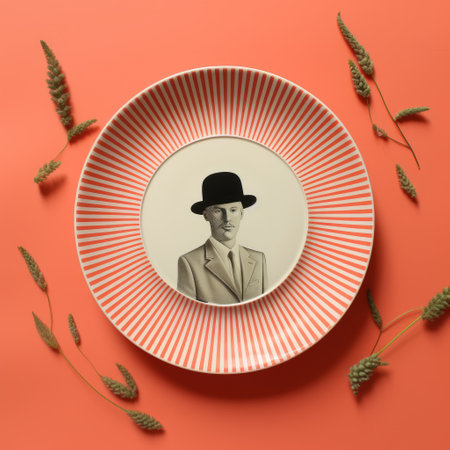 a modernism-inspired portraiture featuring a face on an orange plate with leaves. the striped compositions and vintage cinematic look add a unique touch to this artwork. the cowboy imagery and extravagant table settings create an intriguing contrast. the monochrome portraits and dadaist photomontage elements further enhance the artistic appeal of this captivating image. ai generatedの素材