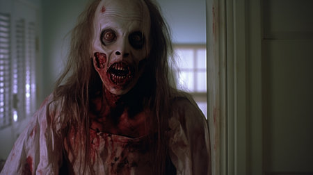 zombies and ninjas stand together in a room with an open door, captured in the captivating style of provia film. the image showcases a grotesque beauty, with the zeiss milvus 25mm f/1.4 lens providing a close-up perspective. the lighting features a mix of maroon and white tones, while the realistic blue skies add a touch of southern gothic atmosphere. ai generatedの素材