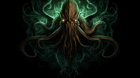 a creature engulfed in flames, adorned with green tentacles, is depicted in this illusory wallpaper portrait. created by the talented artist caras ionut, the artwork showcases intricate nautical details in dark gold and cyan hues. with hyper-detailed illustrations resembling xbox 360 graphics, this 32k uhd image is a stunning visual masterpiece. ai generatedの素材