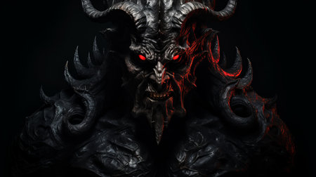 the demon, with its giant red eyes and large horns, is depicted in a striking 8k resolution. the dark black and gray color scheme, along with post-processing effects, adds to its menacing appearance. the use of ps1 graphics style gives it a unique retro feel, while the epic portraiture captures the demon's power and intensity. this artwork by oleksandr bogomazov showcases the demon's presence inの素材