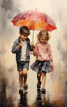 two kids, holding an orange umbrella, walk down a rainy street in a realistic figurative painting. the artwork showcases a blend of light crimson and light bronze tones, with loose paint application. the style combines realism with a touch of expressionism, capturing the essence of playful expressions and the beauty of marine scenes. this artwork also incorporates elements of airbrush art. ai generatedの素材