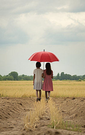 a small girl is holding a red umbrella, reminiscent of nostalgic rural life depictions. the image captures the essence of artists like toyo ito and richard serra, as well as the fashion trend of oshare kei and the creative world of naoko takeuchi. the vibrant colors create emotive fields, while the rollei prego 90 adds a touch of vintage charm. ai generatedの素材