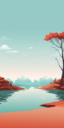 a landscape vector image featuring desert and plant art, perfect for creative applications. this artwork, created by raphael lacoste, showcases a calm waters-inspired style with a combination of sky-blue and maroon colors. the flat perspective and smokey background add depth to the romantic riverscapes depicted. the teal and orange hues further enhance the overall visual appeal. ai generatedの素材