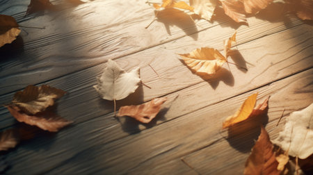 autumn leaves on wood stock photo featuring hyper-realistic details in the style of unreal engine. this uhd image showcases light orange and gold hues, with a narrative-driven visual storytelling approach. the soft and dreamy depictions create a dramatic atmosphere, enhanced by the dramatic use of shadows. ai generatedの素材