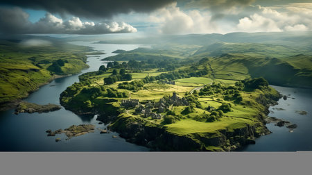 a large island with grass and mountains in the background, featuring a medieval-inspired style. the intense and dramatic lighting adds a captivating touch to this national geographic photo. the mosscore elements create a unique atmosphere reminiscent of post-war british topographical landscapes. ai generatedの素材