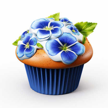 a blue cupcake adorned with a realistic hyper-detailed rendering of a flower and leaves, showcasing the cloudcore style. the cupcake features an imitated material resembling norwegian nature, with a strong use of color. the blue and white glaze adds a touch of elegance to this unique creation made of cheese. ai generatedの素材