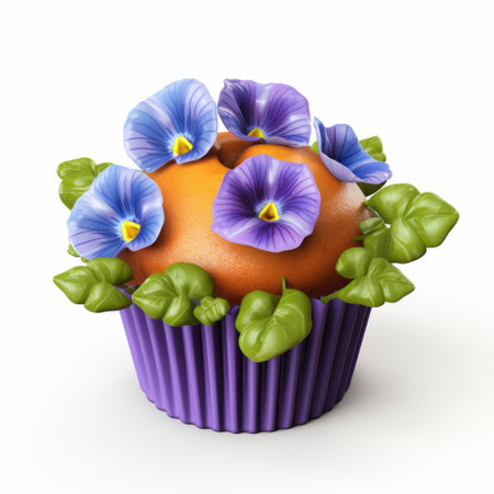 a cupcake with realistic hyper-detailed rendering, adorned with violet and orange flowers. this kitchen still life captures the essence of anemoiacore and environmental awareness, while embracing the rococo frivolity. ai generatedの素材
