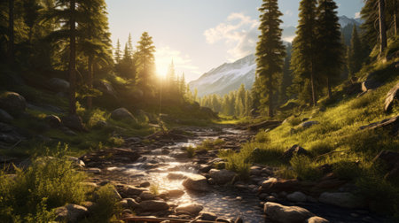a scenic valley in a forest, captured in the style of unreal engine, showcases rocks and trees bathed in golden light. the whistlerian atmosphere adds a touch of enchantment, while the luminosity of the water enhances the immersive experience. this image truly captures the essence of nature, creating a rich and captivating visual with rtx on. ai generatedの素材